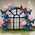 Decorative Window Display With Pink Roses Blue And Pink Butterflies Arched Frame And Green Grass