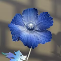 Floral Art Installation Featuring Blue Flower Metal Stem Decorative Leaves Shadow Effect On Wooden Floor