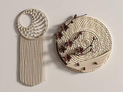 Handmade Macrame Wall Hangings With Circular Design Tassels And Brown Floral Accents 3d model