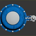Blue Industrial Control Valve With Gauges Pipes And Red Label Design