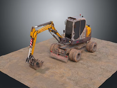 Functional Vehicle Wheel Excavator With Yellow Gray Body Mechanical Arm Bucket On Sandy Ground 3d model