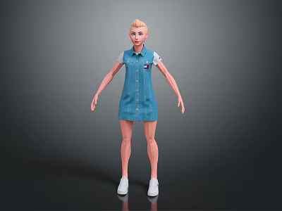 Game and Movie Character with Blonde Hair in Blue Dress and White Shoes 3d model