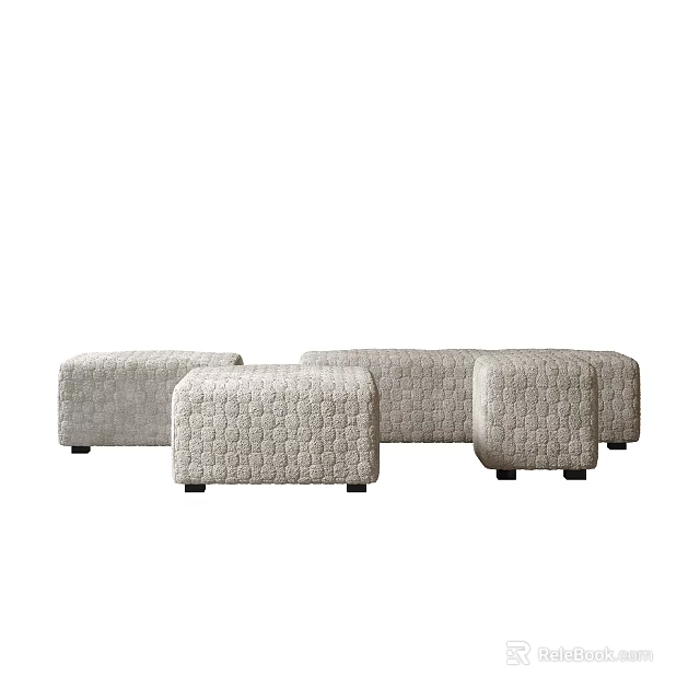 Beige Tufted Upholstered Stools Set of Four Modern Living Room Design 3d model 