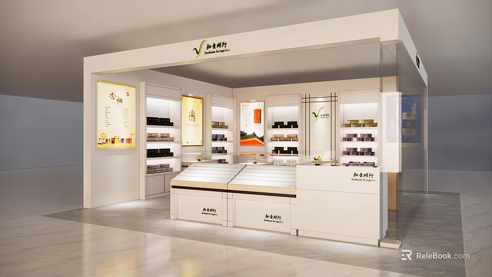 PATEVA Specialty Store Interior Design With White Display Cabinets Shelves And Counter 3d model 