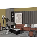 Modern Orange Corner Sofa And Coffee Table Set With Grey Striped Wall Artwork Floor Lamp 3d model