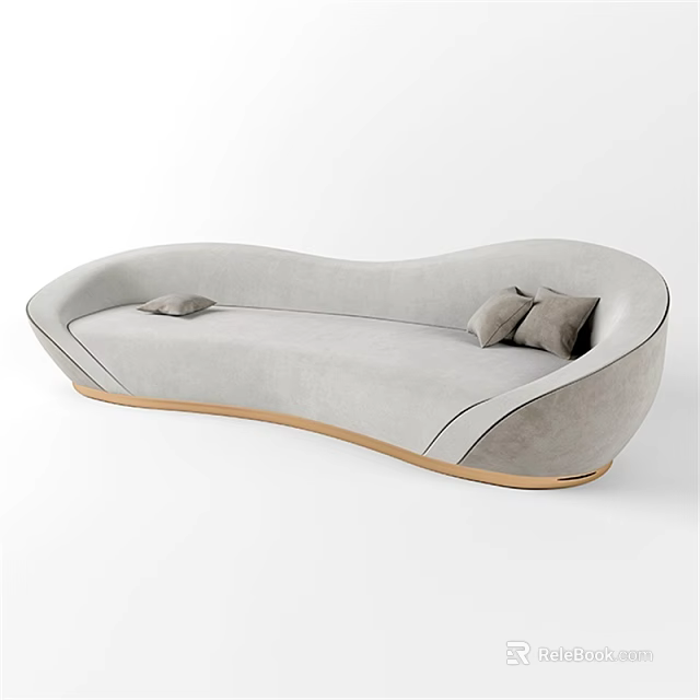 Light Gray Curved Irregular Shaped Sofa With Gold Base And Plush Pillows 3d model