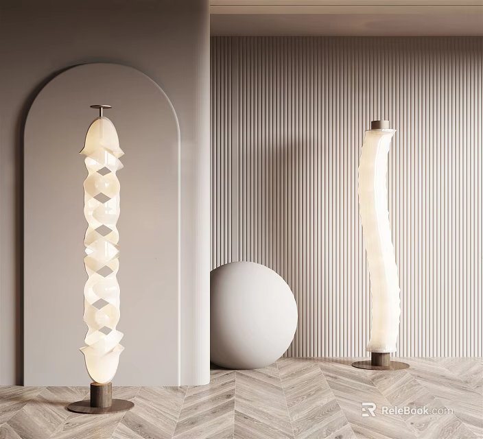 Modern Minimalist Floor Lamps with Geometric Shade in Interior with Striped Wall and Round Decor 3d model 