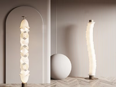 Modern Minimalist Floor Lamps with Geometric Shade in Interior with Striped Wall and Round Decor 3d model