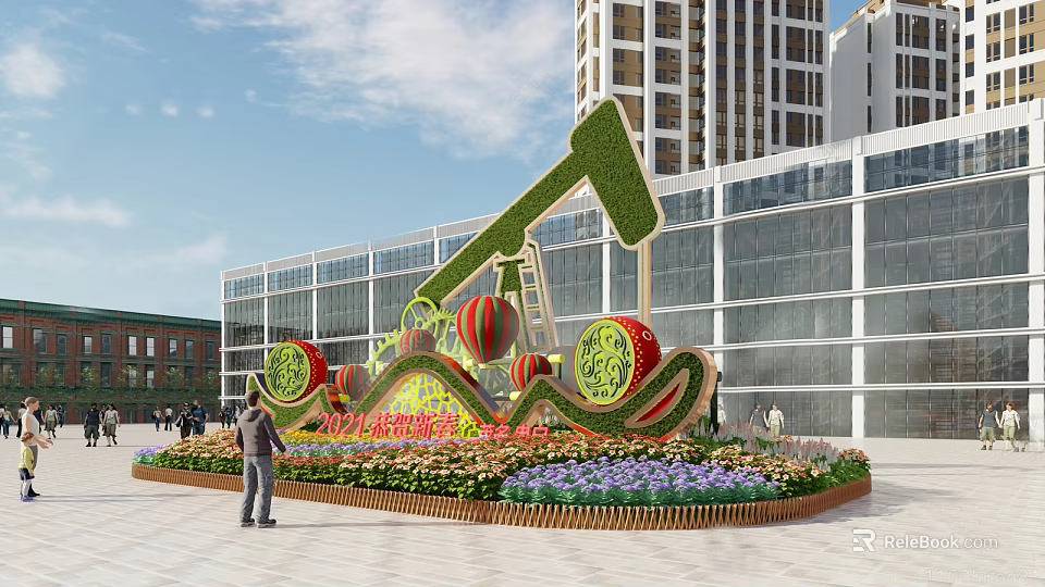 Landscape Sculpture Featuring Green Oil Pump Red Balloons Flowers Wavy Decorations at Bottom High-Rise Background 3d model 