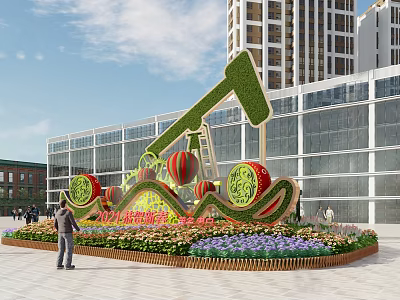 Landscape Sculpture Featuring Green Oil Pump Red Balloons Flowers Wavy Decorations at Bottom High-Rise Background 3d model