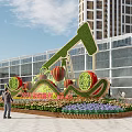 Landscape Sculpture Featuring Green Oil Pump Red Balloons Flowers Wavy Decorations at Bottom High-Rise Background