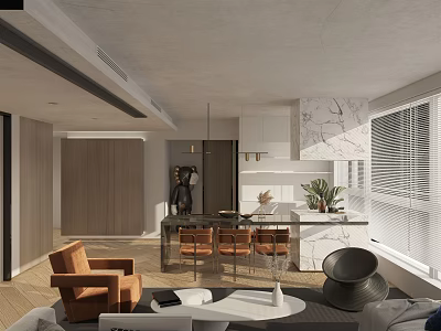 Modern Dining and Living Room Interior With Open Layout Sofa Dining Table And Pendant Lights 3d model