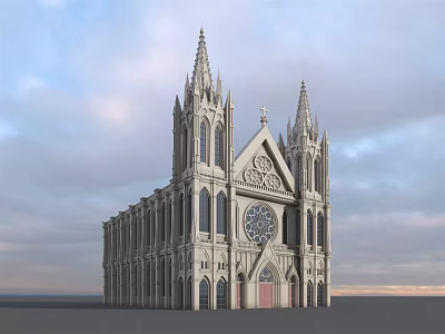 Stunning European-style Architecture with Twin Spires Rose Window Arched Windows and Intricate Carvings 3d model