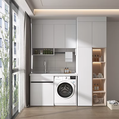 Modern Home Balcony Design With White Cabinets Washing Machine And Storage Shelves 3d model