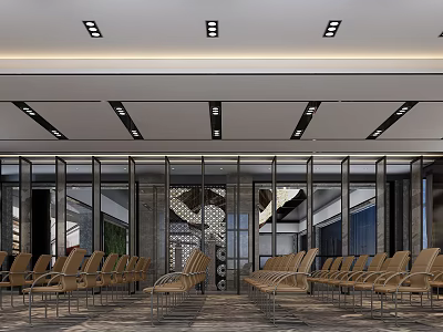 Modern Conference Room Interior With Glass Partitions Arranged Chairs And Ceiling Lights 3d model