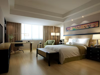 Spacious Hotel Guest Room With King Bed Armchair And Decorative Wall Art 3d model