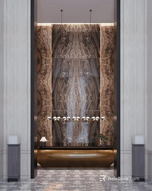 Modern Reception Desk With Marble Pattern Backdrop Gold Frame And Hanging Lights 3d model 