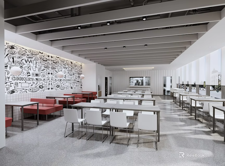 Modern Restaurant Interior With Open Kitchen Wall Art Dining Tables And Contemporary Seating 3d model 