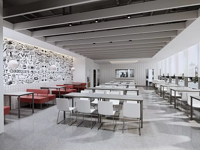 Modern Restaurant Interior With Open Kitchen Wall Art Dining Tables And Contemporary Seating 3d model