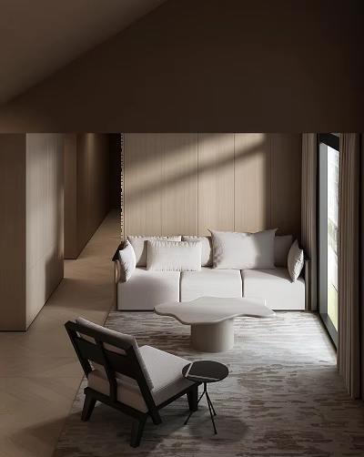 Modern Minimalist Hotel Public Lounge Area With Light Sofa Throw Pillows And Natural Light 3d model