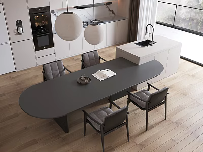 Modern Open Kitchen Interior With Oval Dining Table Chairs Pendant Lights And Cabinets 3d model