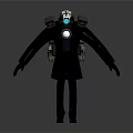 Game Movie Character In Black Coat With Mechanical Backpack And Blue Glowing Core