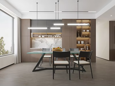 Modern Restaurant Interior With Glass Dining Table Black Frame Chairs Beige Cushions Wooden Cabinets 3d model