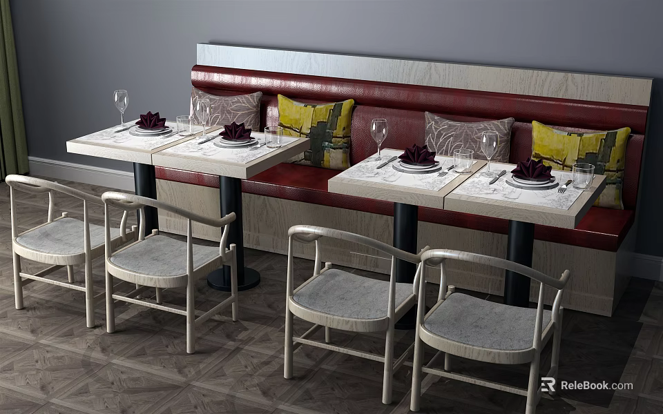 Stylish Dining Table Set With Upholstered Bench Chairs Tableware And Wine Glasses 3d model