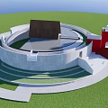 Distinct Circular Architectural Design Featuring Green Lawn Red Structure And Pointed Roof 3d model