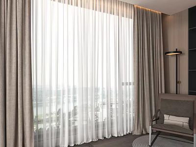 Layered Beige Curtains With Sheer Panels In Modern Living Room With Accent Chair And Floor Lamp 3d model