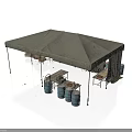 Modern Outdoor Canopy Setup With Tables Chairs And Blue Barrels