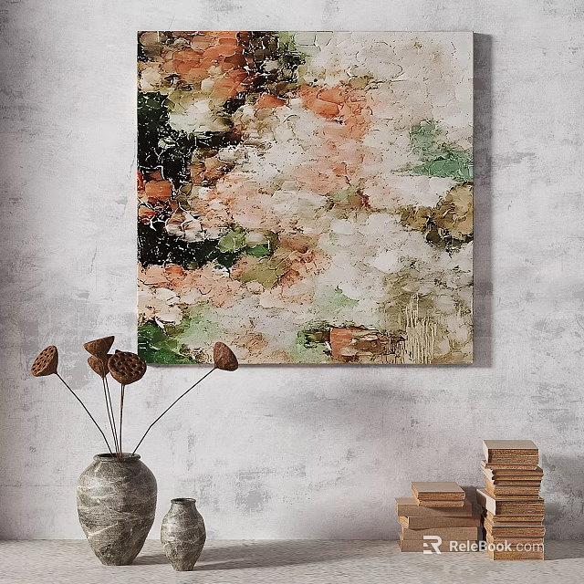 Modern Abstract Painting With Pastel Pink Green White Textured Brushstrokes For Living Room Wall Decor 3d model 