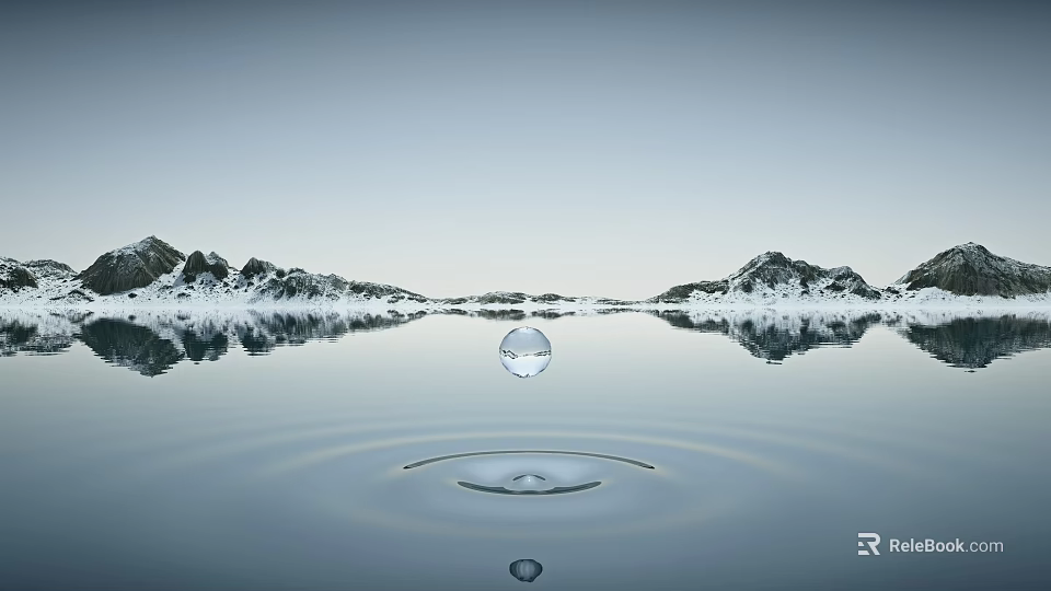 Scenic Calm Water Surface With Falling Water Drop Ripples and Snowy Mountains Reflections 3d model 