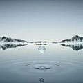 Scenic Calm Water Surface With Falling Water Drop Ripples and Snowy Mountains Reflections