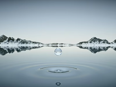 Scenic Calm Water Surface With Falling Water Drop Ripples and Snowy Mountains Reflections 3d model