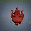 Red Ceramic Vessel with Lid Double Ears and Three Legs Incense Burner Style