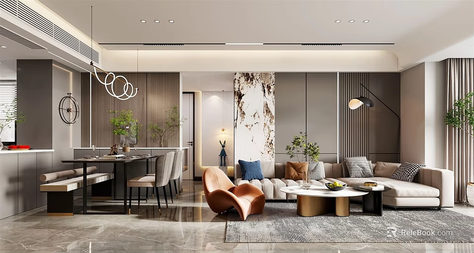 Modern Open Living And Dining Room Interior With Sofa Dining Table Artwork And Plants 3d model