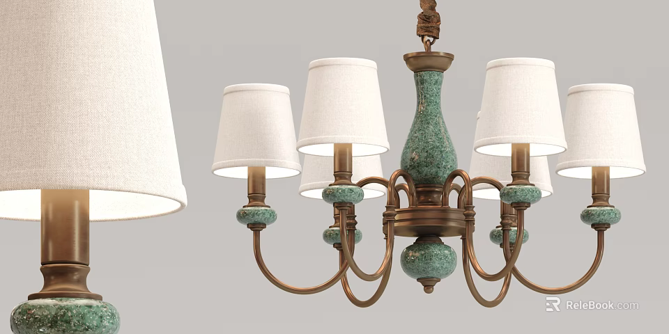 Vintage Green Ceramic Chandelier with Multiple White Lampshades and Brass Arms 3d model 