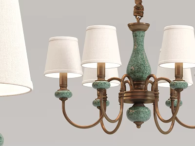 Vintage Green Ceramic Chandelier with Multiple White Lampshades and Brass Arms 3d model