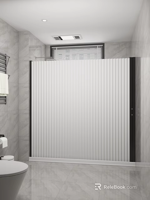 Modern Bathroom Shower Screen With Vertical Stripes Gray Tiles And White Towel On Rack 3d model 