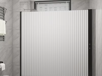 Modern Bathroom Shower Screen With Vertical Stripes Gray Tiles And White Towel On Rack 3d model