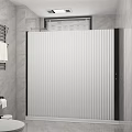 Modern Bathroom Shower Screen With Vertical Stripes Gray Tiles And White Towel On Rack