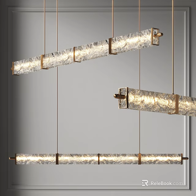 Modern Linear Chandelier with Textured Glass Shades and Brass Frame for Contemporary Interior Lighting 3d model 