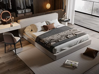 Modern Double Bed with Gray Brown Bedding Dressing Table Mirror Chair and Window 3d model
