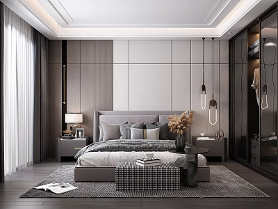 Modern Bedroom Interior With Gray Headboard Hanging Pendant Lights Wood And White Panel Walls 3d model