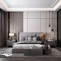 Modern Bedroom Interior With Gray Headboard Hanging Pendant Lights Wood And White Panel Walls