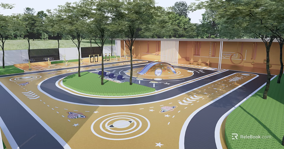 Children's Playground With Circular Track Slide Colorful Ground Trees And Star Patterns 3d model 