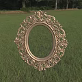 Golden Ornate Oval Mirror Placed On Green Grass Field With Distant Trees 3d model