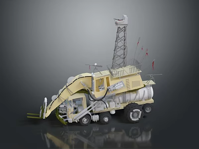 Yellow Utility Vehicle With Tower Antennas Red Flags Mechanical Arm And Large Wheels For Engineering 3d model