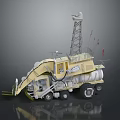 Yellow Utility Vehicle With Tower Antennas Red Flags Mechanical Arm And Large Wheels For Engineering